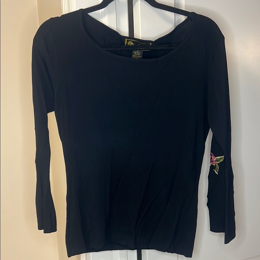 Mirasol Black Blouse with Floral Detail on sleeves